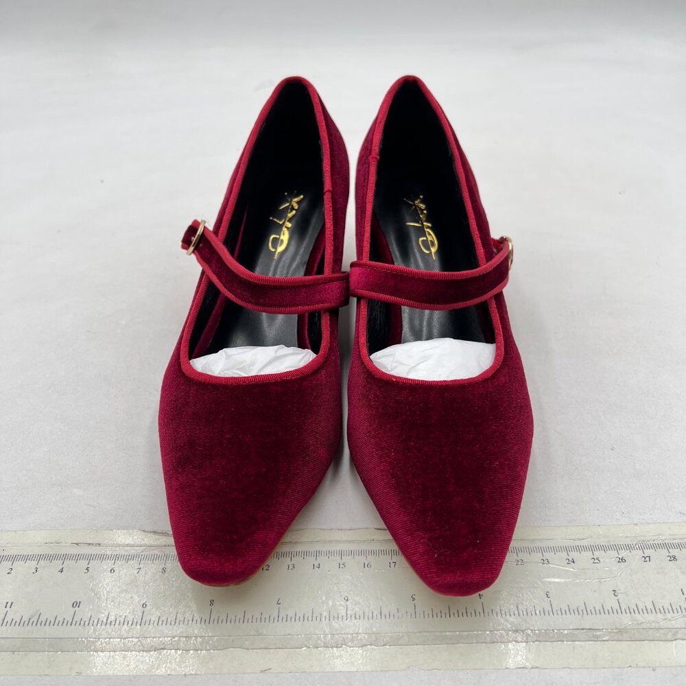 XYD Burgundy Low Heel Chunky Mary Jane Pumps Square Toe Buckled Strap Daily Shoe - Picture 3 of 8